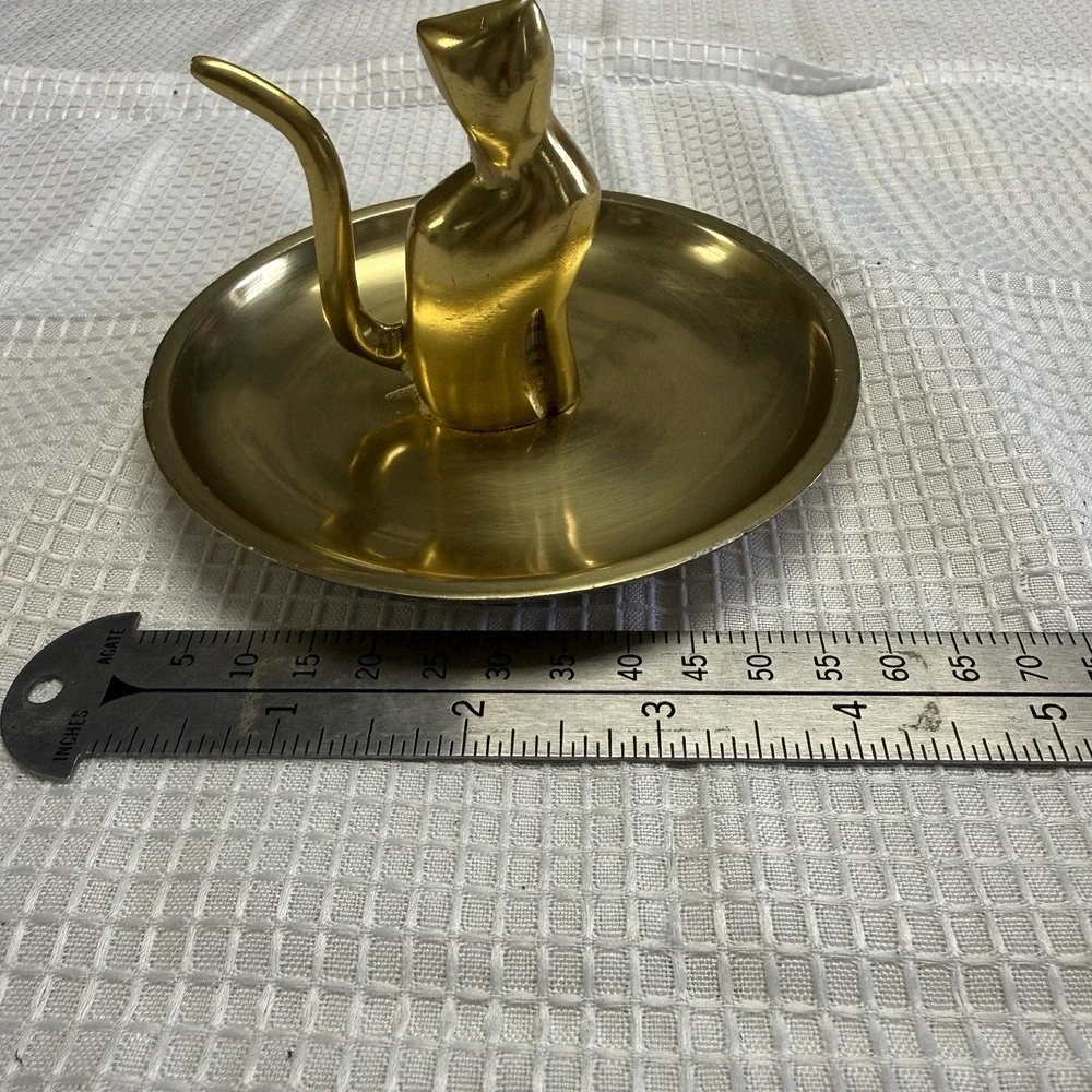 Rare Vintage Brass Cat Jewelry Trinket Rings Dish Velvet Bottom MCM 70s Kitten